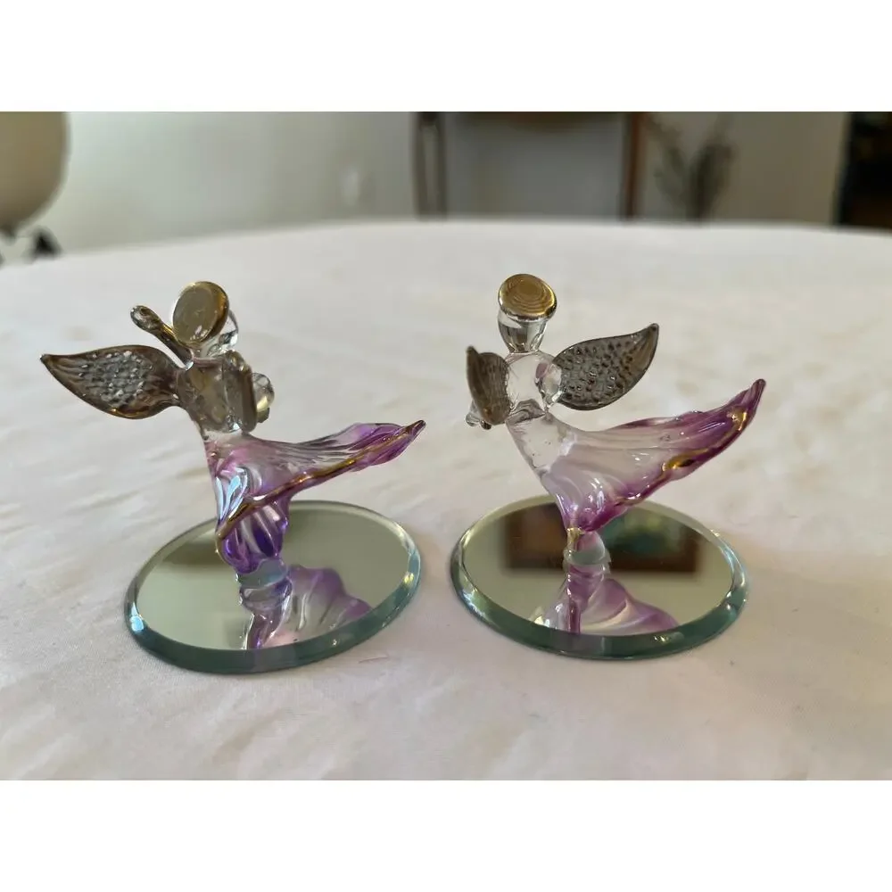 Crystallite Purple Spun Glass Musical Angel‎ Set 22kt Gold Trim Mirror Base Vtg